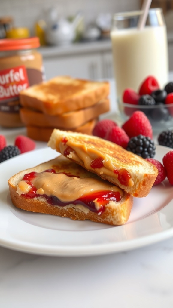 Peanut Butter and Jelly Toast Recipe Peanut butter and jelly toast on a plate with fresh berries and a glass of milk.
